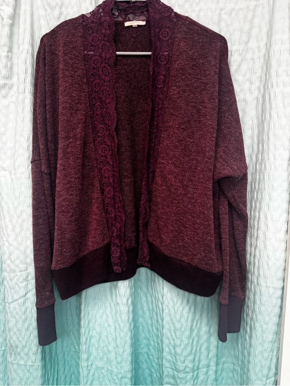 Mystree Burgundy Lace-Trim Open Cardigan